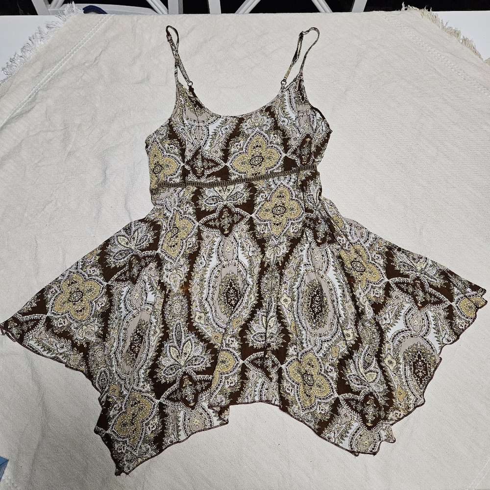 Altar'd State Paisley Brown & Butter Yellow Handkerchief Hem Cami Dress Size S